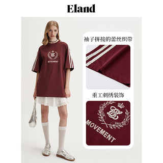 ELAND衣恋短袖女美式复古双杠T恤纯棉舒适上衣2024夏季 酒红色/勃垦地色(29)Burgandy M/165