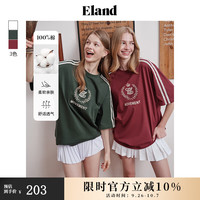 ELAND衣恋短袖女美式复古双杠T恤纯棉舒适上衣2024夏季新款