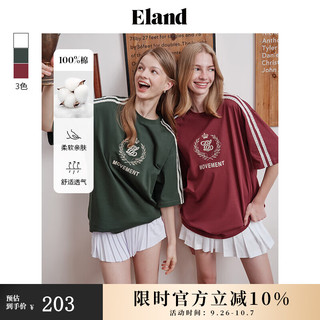 ELAND衣恋短袖女美式复古双杠T恤纯棉舒适上衣2024夏季 酒红色/勃垦地色(29)Burgandy M/165