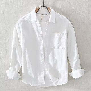 纪卡迪（JIKADI）秋季亚麻长袖衬衫麻布男装春夏季高端休闲宽松棉麻料潮流外穿衬衣 白色 3XL【160-180斤】