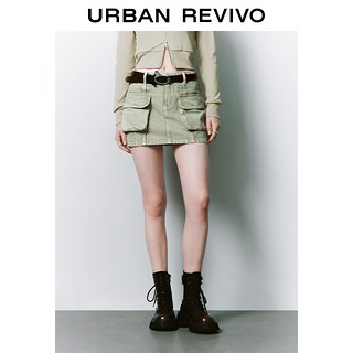 URBAN REVIVO UR2024秋冬女街头设计感洗水立体贴袋牛仔半裙UYY840070 绿色 XS