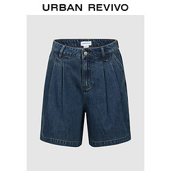 URBAN REVIVO 女士时尚洗水蓝色双压褶牛仔短裤 UWU840090 蓝色 29