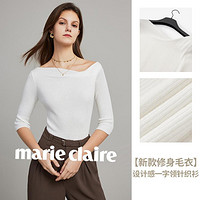 Marie Claire 嘉人 设计感平肩修身春秋新款女式毛衣七分袖一字领针织衫女上衣