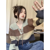 薇靡雅(WEIMIYA)复古撞色条纹系带v领针织打底衫女秋冬修身显瘦上衣短款毛衣内搭 2201绿色 均码