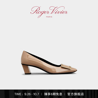 Roger Vivier 罗杰维维亚 ROGERVIVIER/RV女鞋Belle Vivier方扣高跟鞋方头粗跟婚鞋单鞋 驼色(偏大，小半码) 34.5