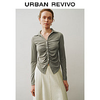 URBAN REVIVO UR2024秋季女设计感收腰褶皱修身长袖开襟衬衫UWM240014 灰绿 L