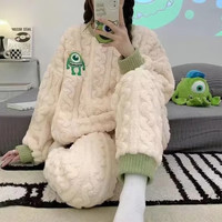 婧麒珊瑚绒家居服秋冬季加绒加厚装产后睡衣套装 大眼怪Jsy151438 XL