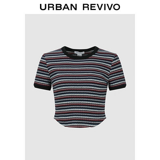 URBAN REVIVO UR2024秋季女装时尚休闲撞色条纹修身短袖T恤UYL440002 深蓝色条纹 S