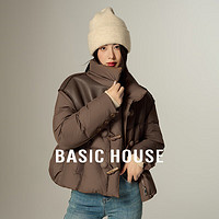 Basic House/百家好高级感PU皮拼接羽绒服白鸭绒立领短外套2024女 卡其 M （110-120斤）