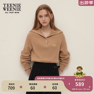 Teenie Weenie小熊2024年秋季优雅设计感金扣大翻领毛衣针织衫 卡其色 160/S