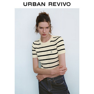 URBAN REVIVO UR2024秋季女时尚气质撞色刺绣条纹短袖针织衫UYY940014 米白条纹 L