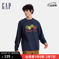 Gap男女装2024秋冬纯棉徽章印花logo圆领长袖T恤上衣677657 海军蓝 165/88A(S)亚洲尺码