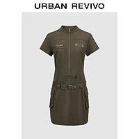 URBAN REVIVO UR2024秋季女装机能工装风口袋腰带短袖连衣裙UYV740003 深红棕 L