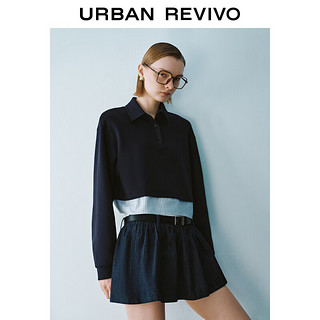 URBAN REVIVO UR2024秋冬女装休闲撞色条纹拼接短款翻领卫衣UYU440040 墨蓝 L