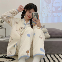 婧麒(JOYNCLEON)月子服春秋产后空气棉睡衣女秋冬怀孕期产妇可哺乳家居服套装 米白蓝边Jyz92098 XXL码