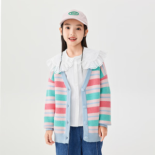 茵曼（INMAN）童装女童毛衣2024秋冬儿童开衫针织衫甜美刺绣条纹外套 彩虹 120cm