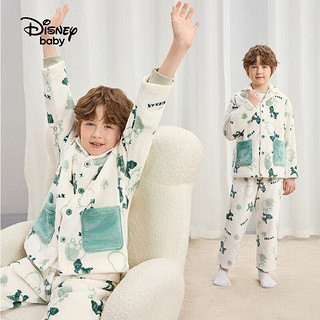 迪士尼（Disney）童装男童法兰绒前开睡衣儿童保暖家居服两件套2024年秋冬季 白底可爱恐龙 120