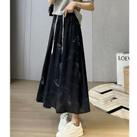 婧麒(JOYNCLEON)装秋装新中式蝴蝶印花半身裙气质抽绳水墨画A字雪纺中长裙子 黑色 M