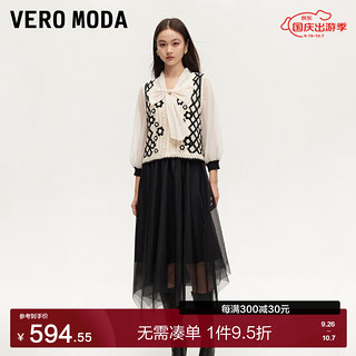 VERO MODA VEROMODA连衣裙女2024秋季女装真两件网纱袖钩花吊带裙学院减龄 黑色 175/92A/XL