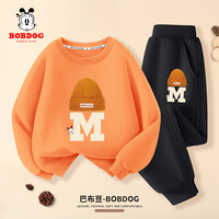 BoBDoG巴布豆男童套装秋季儿童衣服中大童运动宽松亲肤秋装时尚百搭两件套 橘红 帽子巴布+黑 帽子巴布X 90cm