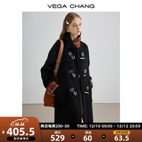 VEGA CHANG黑色呢子大衣女冬格纹拼接中长款毛呢外套 锆石黑 M