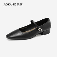 奥康(Aokang)复古小方头一字带玛丽珍鞋优雅粗跟小皮鞋码