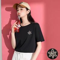 舒适透气休闲修身2024夏季女式短袖T恤纯棉圆领刺绣女上衣