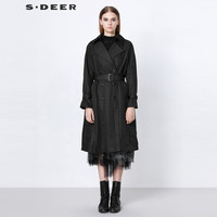 S.DEER圣迪奥春秋季女装休闲双排扣收腰肌理长款风衣S21381815 黑色/91 M/165