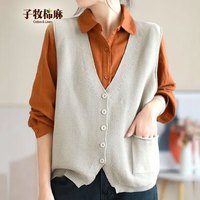 子牧棉麻2024秋装 女时尚针织文艺复古宽松百搭V领纯色洋气马甲5645 米白色 均码(95-140斤)