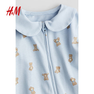 H&M2024秋季童装女婴舒柔有领拉链式连体睡衣1247999 浅蓝色/泰迪熊 110/56