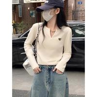 唐狮 TONLION2024秋季女V领套头修身T恤长袖打底衫内搭气质简约百搭上衣
