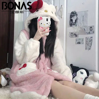 BONAS 宝娜斯 秋冬新款珊瑚绒睡袍大耳狗连帽睡衣可爱保暖加厚家居服女 猫咪睡袍