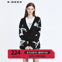 S.DEER圣迪奥春秋季女装开衫针织外套女内搭休闲V领撞色毛衣S21363512 黑色/91 M/165