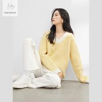 【杜鹃同款】冬装保暖绒感纱线粗针织撞色V领女式毛衣