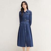 2024春秋装优雅浪漫风琴褶单排扣女式翻领长袖牛仔连衣裙