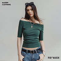 百亿补贴：MADEN 马登 一字肩纯色短袖美式复古辣妹t恤修身显瘦百搭基础款上衣夏女