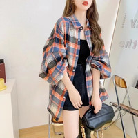 诗莉奥（SHILIAO）家居服上衣格子衬衫百搭休闲秋冬季中长款灯笼袖打底衣 桔色 均码【适合80-135斤】