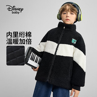 迪士尼（Disney）童装男童撞色立领羊羔绒棉服儿童时尚棉衣2024年秋冬季洋气 黑色 150