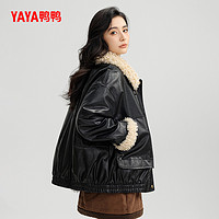 YAYA 鸭鸭羽绒服 女士2024秋冬新品短款拼接毛领时尚休闲鸭绒夹克外套J