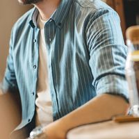 马登 MADEN工装美式复古着磨毛竖条纹衬衫翻领商务休闲长袖上衣外套男潮