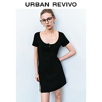 URBAN REVIVO UR2024秋季新款女装甜辣捏褶开衩短袖修身连衣裙UYY740002