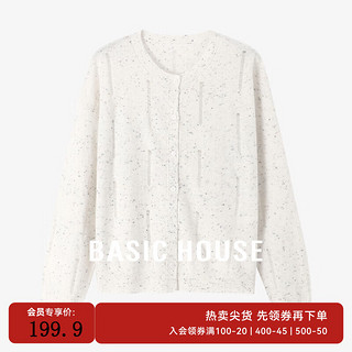 Basic House/百家好绵羊毛镂空圆领针织衫早秋气质彩点开衫上衣女 白色 L