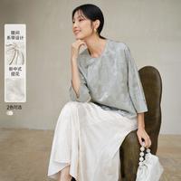 【2024秋】新中式上衣女七分袖圆领国风提花外套女夏秋