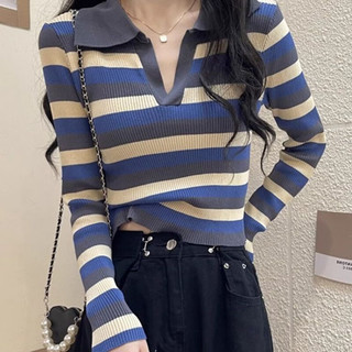 薇靡雅（WEIMIYA）秋季条纹翻领长袖T恤针织衫女洋气别致上衣打底衫 灰条色 均码【80-120斤】