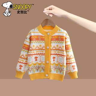 史努比（SNOOPY）童装男童秋小花朵菱格保暖外穿碎花中大童一体绒开衫女童 如鱼得水黄 90