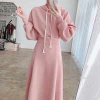 FOURDATRY卫衣裙套装女2024春秋冬季小个子洋气螺纹半身长裙两件套 粉色 L