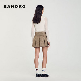 SANDRO2024秋季女装法式格纹饰扣短款百褶半身裙SFPJU01302 棕黄色 34