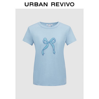 URBAN REVIVO 2024秋季女装甜美钉珠蝴蝶结饰正肩短袖T恤UYU440011 天蓝 S