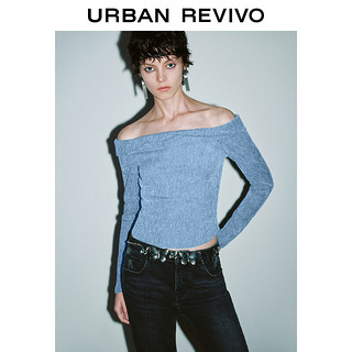 URBAN REVIVO UR2024秋季女装辣妹氛围感肌理一字露肩长袖T恤UYY440071 蓝色 XL