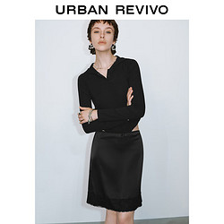 URBAN REVIVO UR2024秋冬女装休闲纽扣式插肩袖连帽长袖T恤UYY440056 黑色 L